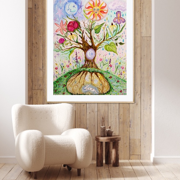 Tree of Life Whimsy Art Print flowers rabbit sun moon colorful whimsical fantasy - Picture 4 of 9